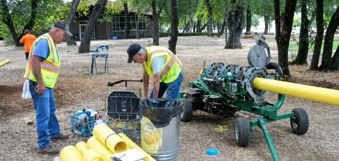 Crew laying conduit beside a cable pulling rig