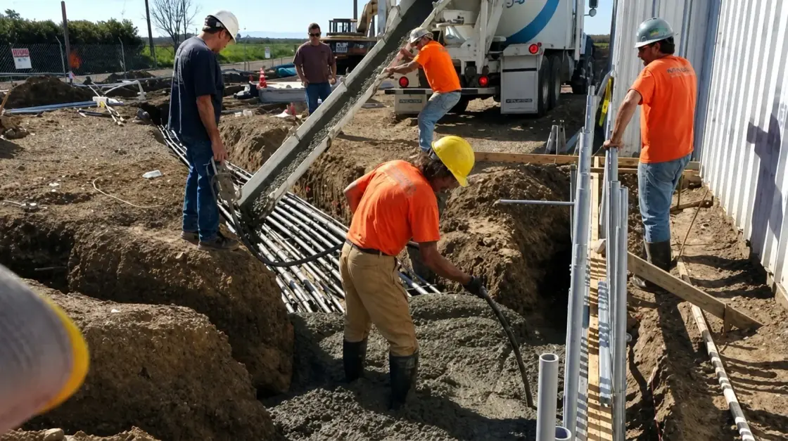 A crew placing concrete into a formed trench alongside a metal building