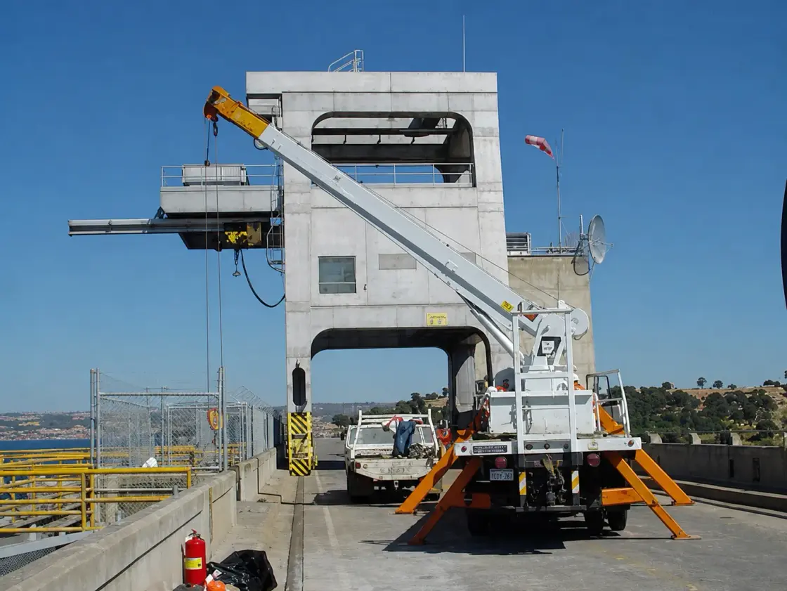 A concrete-clad gantry crane tower on a dam crest with a boom truck parked beside it