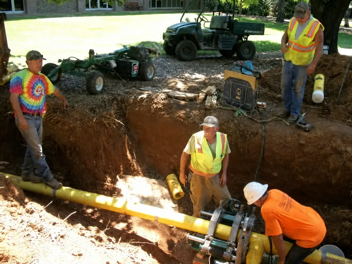 Five workers in high-visibility vests laying yellow gas pipe in an open trench on a campus lawn