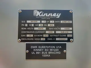 A switchgear nameplate reading DWR Substation U1A, with the manufacturer rating plate above it