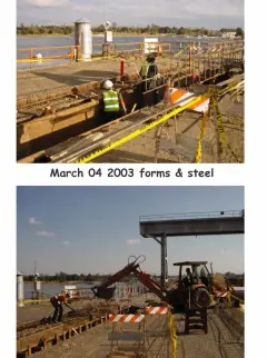 Workers placing formwork and reinforcing steel for a crane rail, with an excavator working below