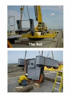 Two frames showing a large steel crane component being rolled and lowered by mobile crane