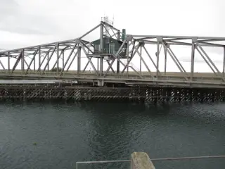 A long steel swing bridge over water, seen from the levee with timber pilings along the shore