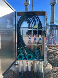 The interior of a stainless steel control cabinet with neatly formed and terminated blue control cables